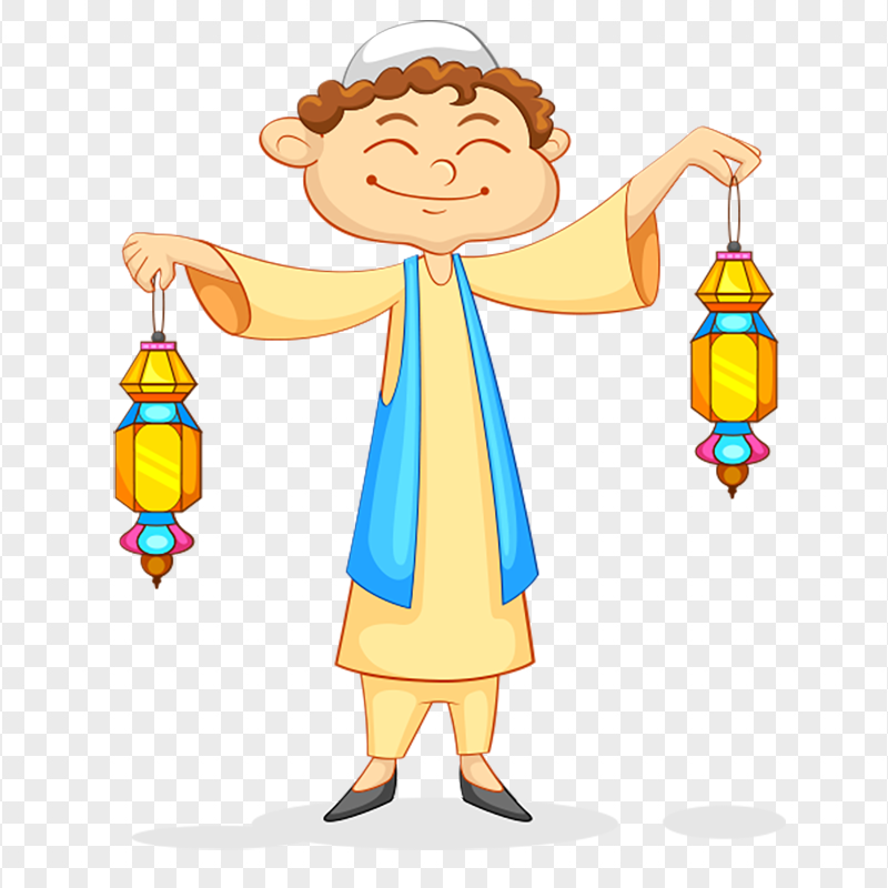 Happy Muslim Boy Hold Two Lanterns Cartoon