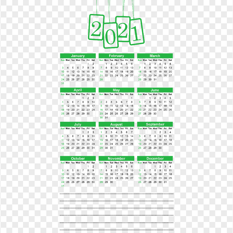 HD 2021 Beautiful Green Calendar With Notes Section Clipart PNG