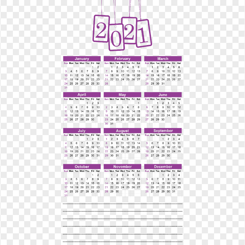 HD 2021 Beautiful Purple Calendar With Notes Section Clipart PNG