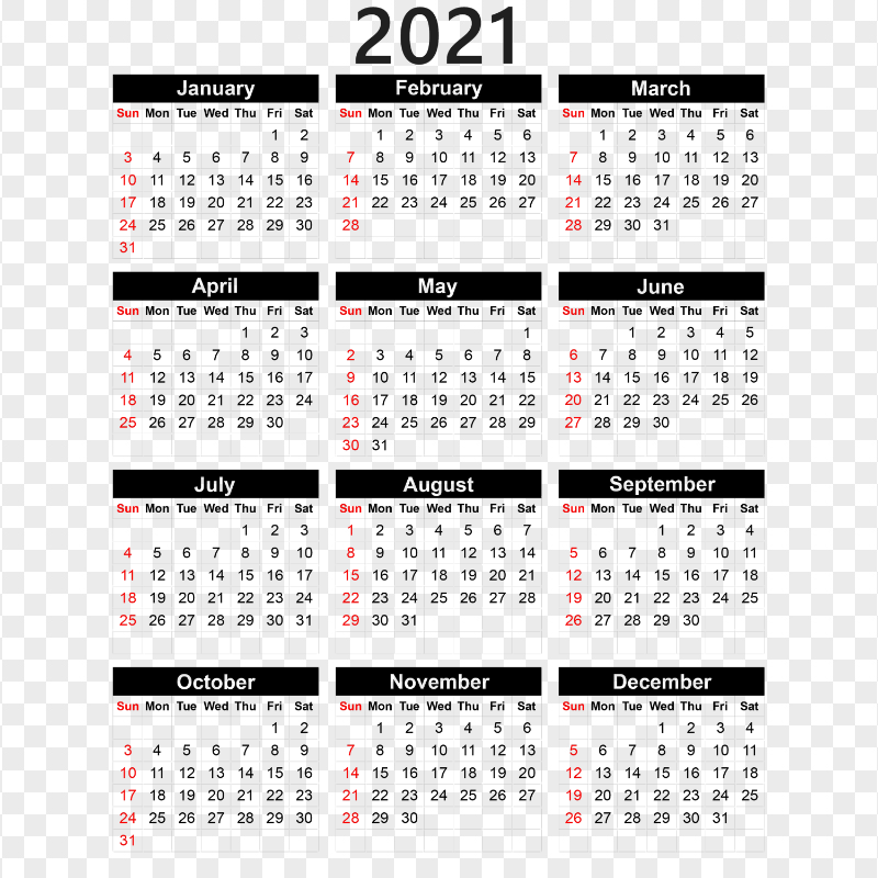 HD 2021 Calendar Black And Red Text Clipart PNG