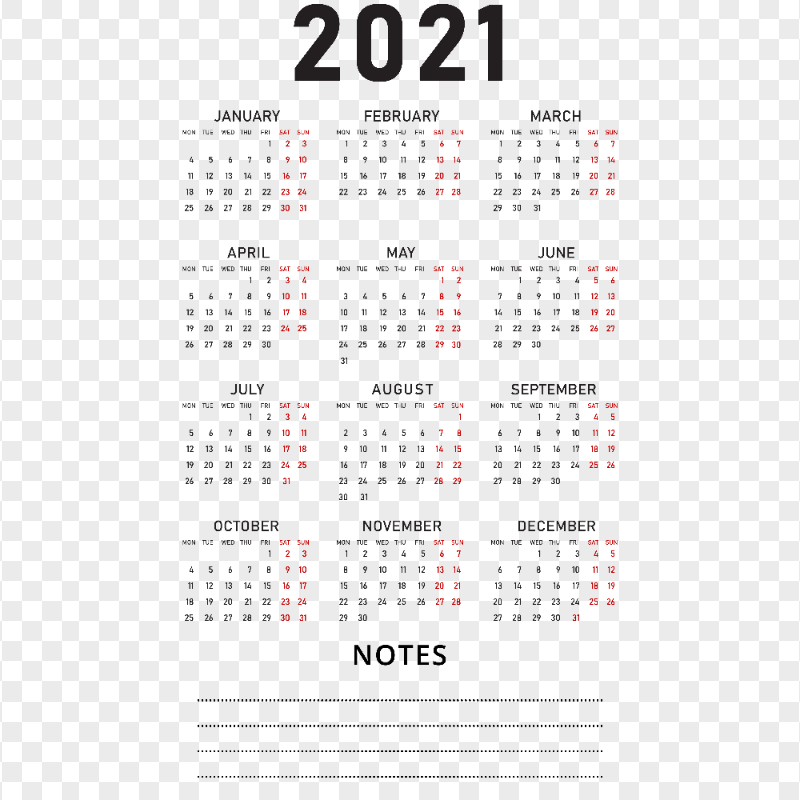 HD 2021 Calendar With Notes Black Text Clipart PNG