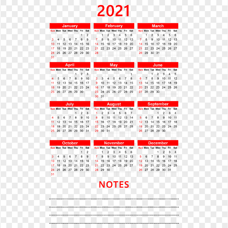 HD 2021 Calendar With Notes Section Black & Red Text Clipart PNG