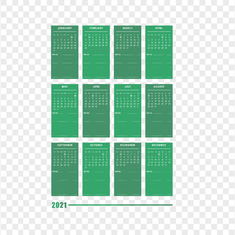 HD 2021 Creative Green Calendar With Notes Section Clipart PNG