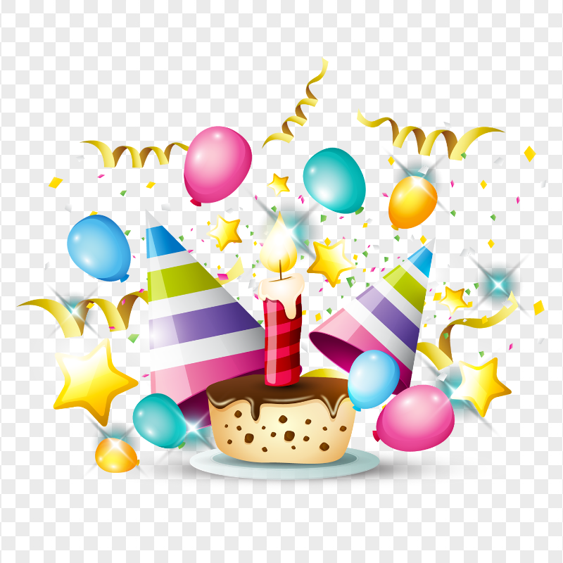 HD Birthday Decorations Cake Streamers Balloons Illustration PNG