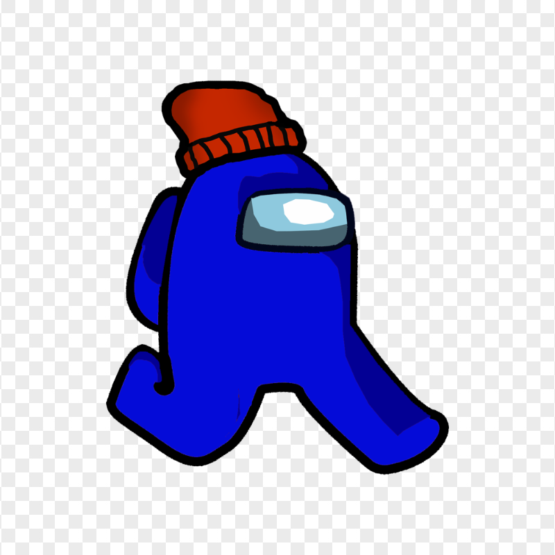 HD Blue Among Us Character Walking With Red Beanie Hat PNG