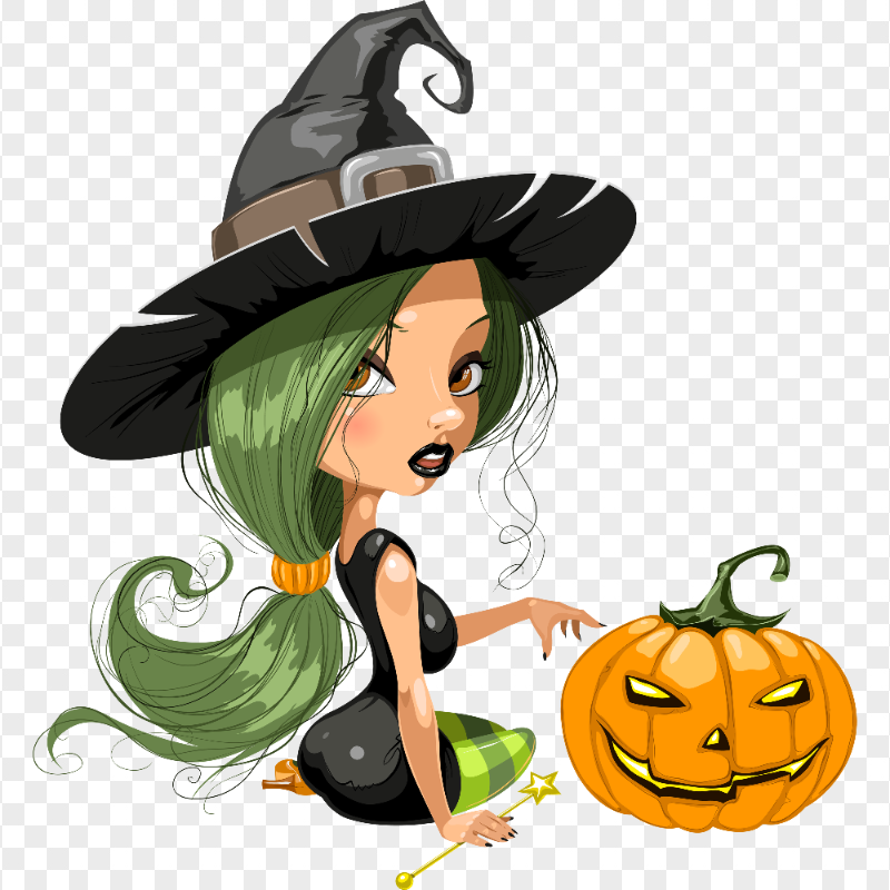 HD Cartoon Halloween Witch Sitting With Pumpkin Illustration PNG