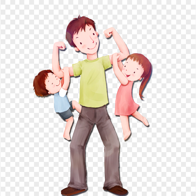 HD Cartoon Happy Father With Children PNG