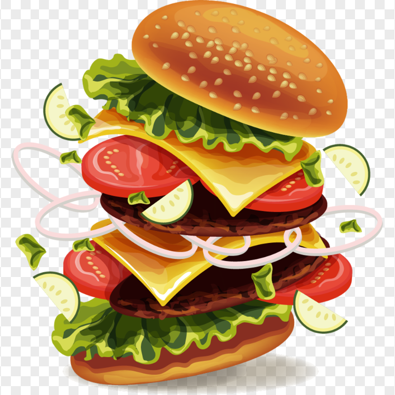 HD Cartoon Open Double Cheeseburger Floating Flying PNG Image