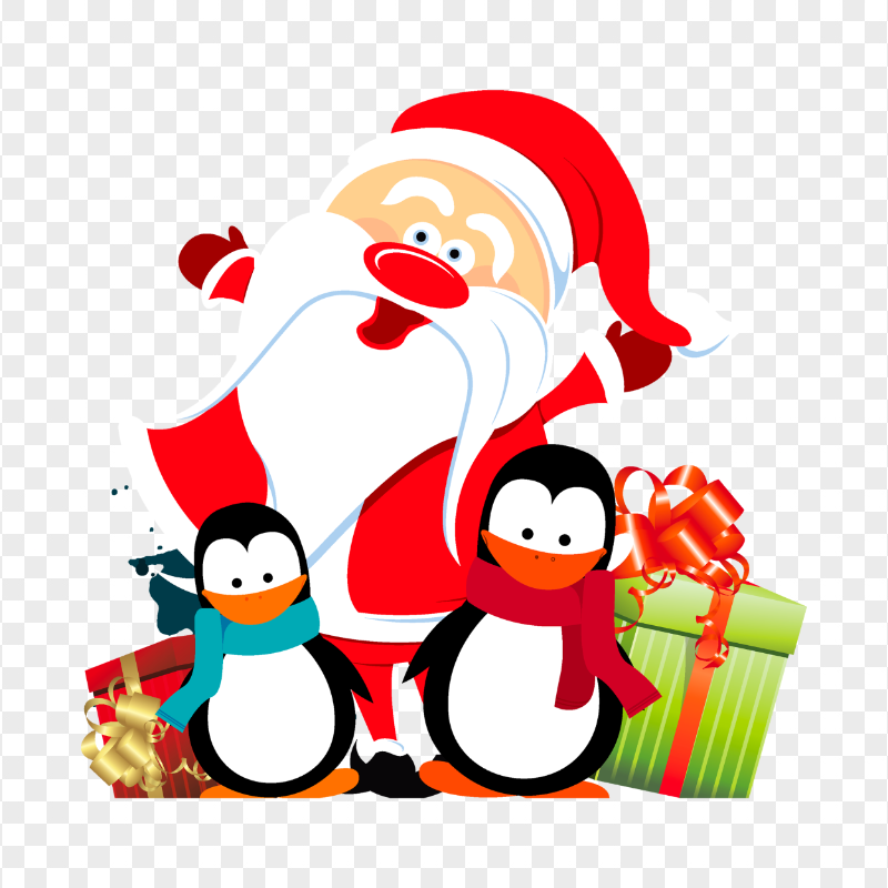HD Cartoon Santa Claus With Penguins PNG