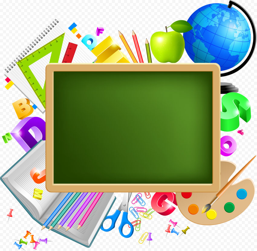HD Chalkboard With School Supplies Illustration PNG