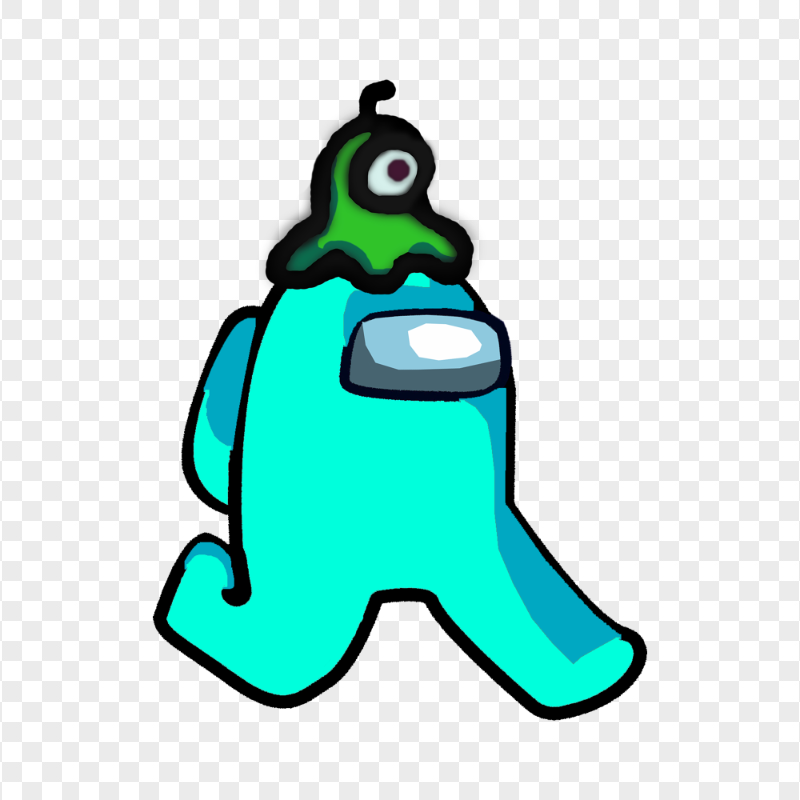 HD Cyan Among Us Character Walking With Brain Slug Hat PNG