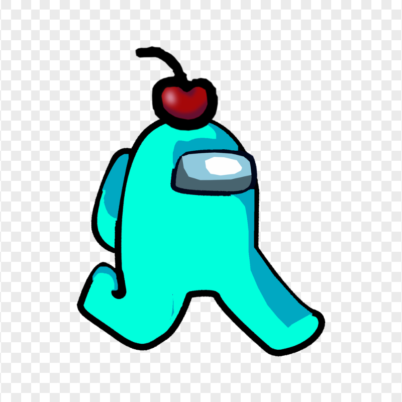 HD Cyan Among Us Character Walking With Cherry Hat PNG