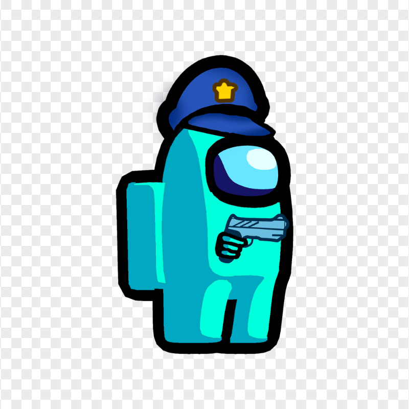 HD Cyan Among Us Police Character With Hand Gun PNG