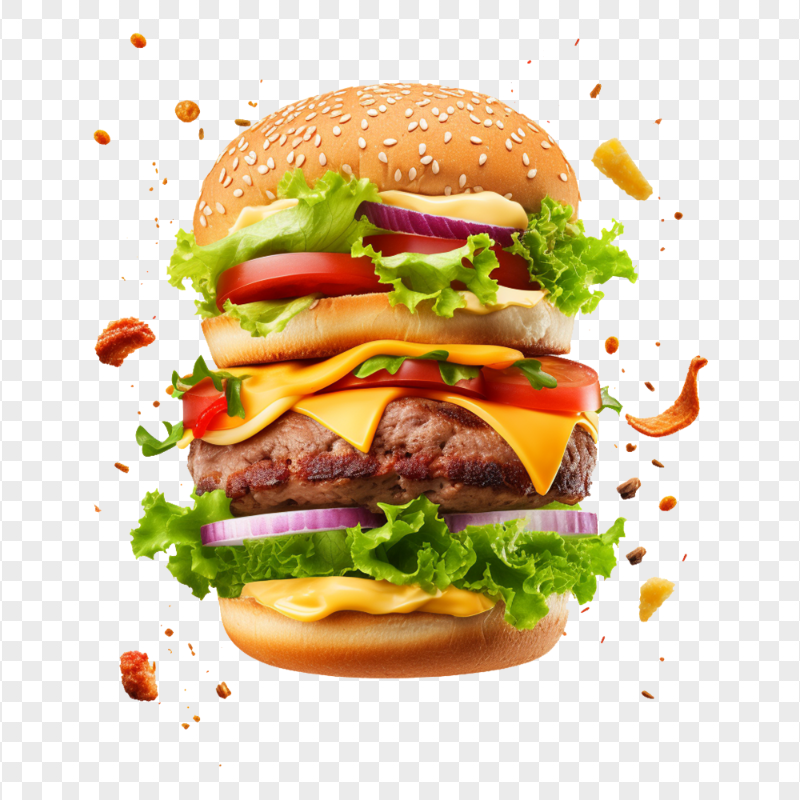 HD Double Hamburger with Flying Ingredients Transparent PNG