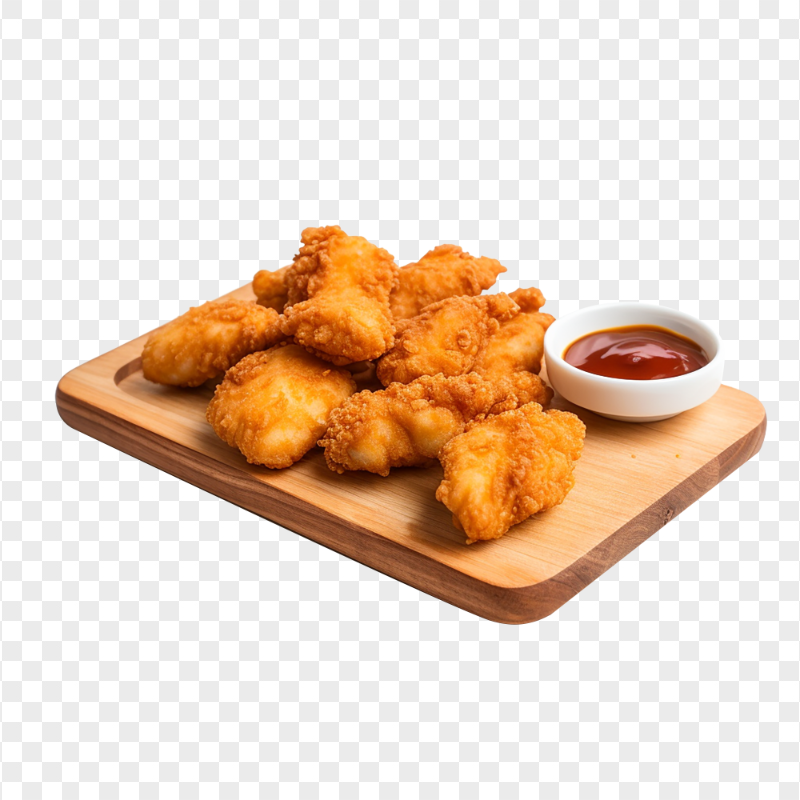 HD Fried Nuggets with Ketchup On a Wooden Plate PNG
