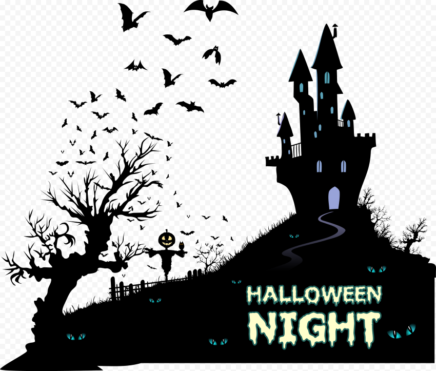 HD Halloween Night Castle, Tree & Birds Silhouettes PNG