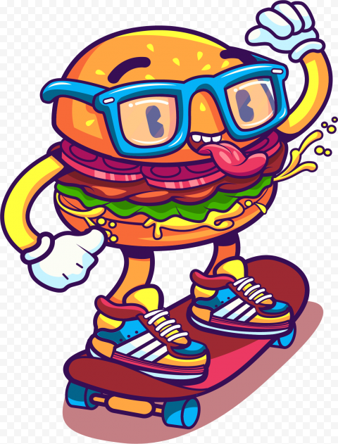 HD Hamburger Cartoon Character On Skateboard PNG | Citypng