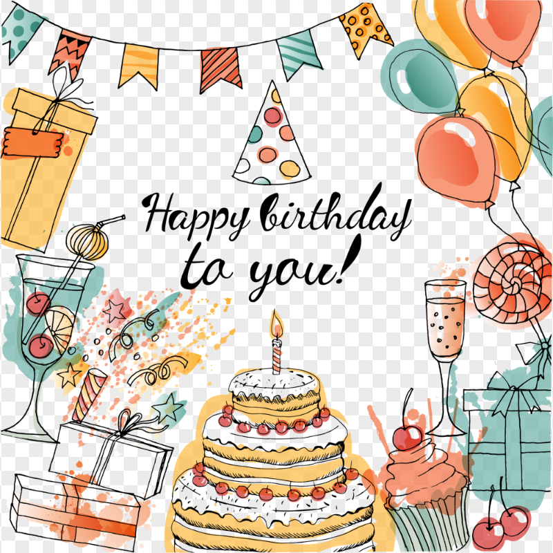 HD Happy Birthday Greeting Line Art Colorful PNG
