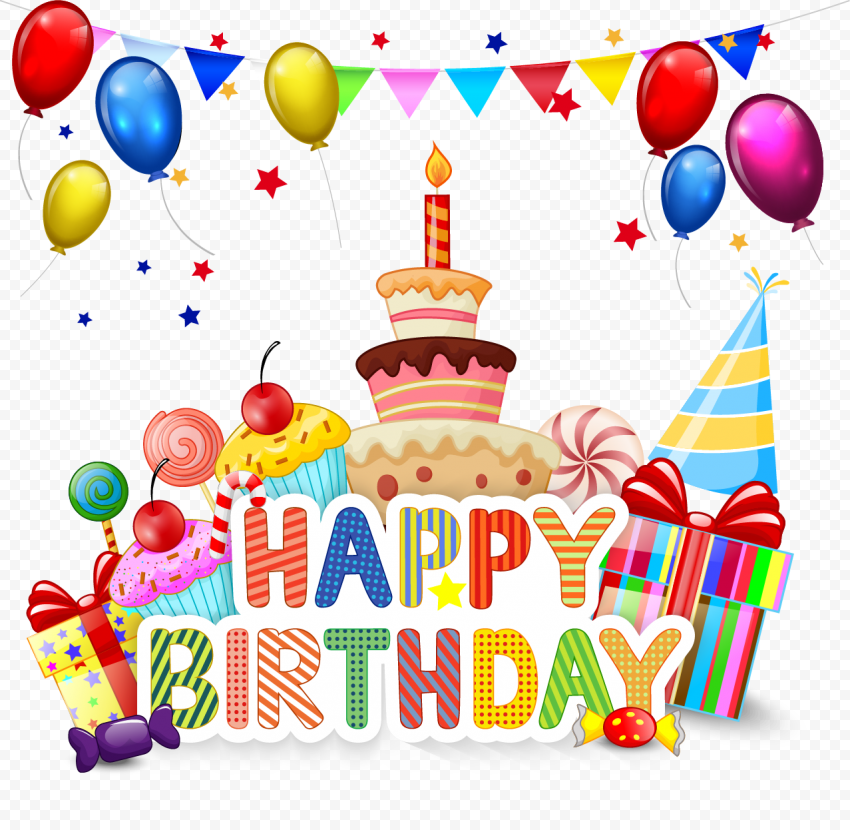 HD Happy Birthday Illustration Balloons Candies Streamers Cakes PNG