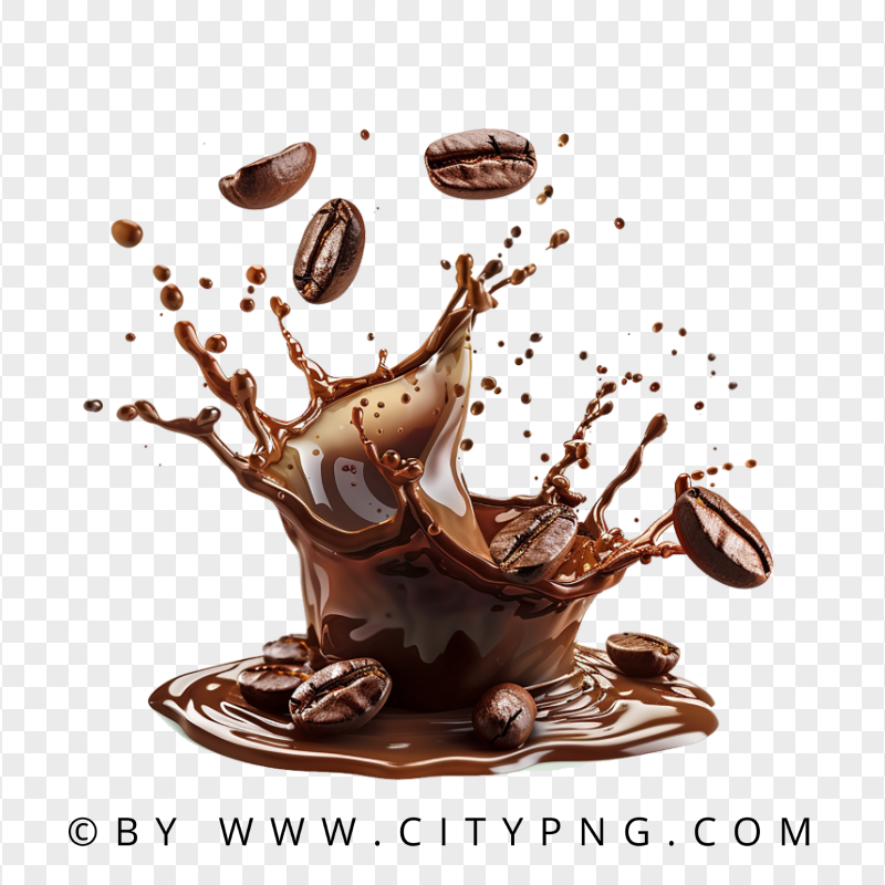 HD Hot Black Coffee Splash with Beans Falling  Transparent PNG