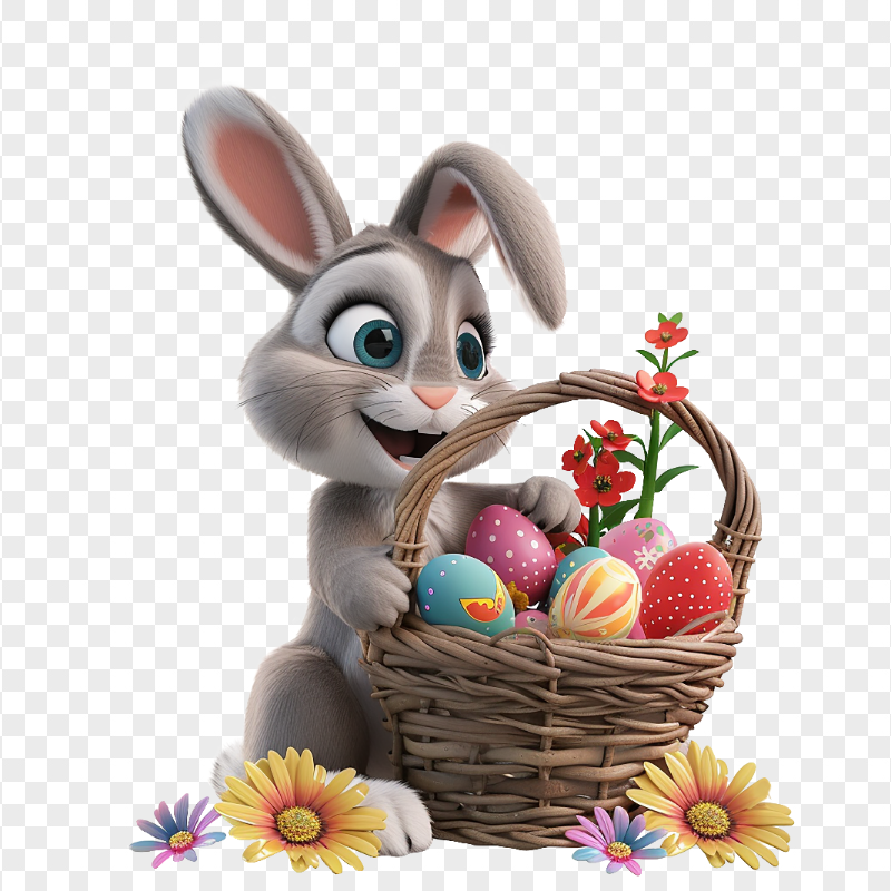 HD Joyful Bunny with Basket of Colorful Easter Eggs PNG