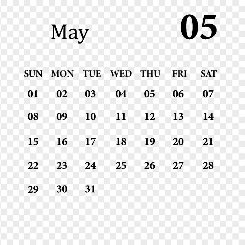 HD May 2022 Black Calendar Transparent PNG