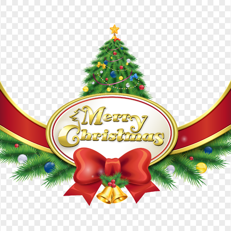 HD Merry Christmas Text With Tree & Ribbon Logo PNG