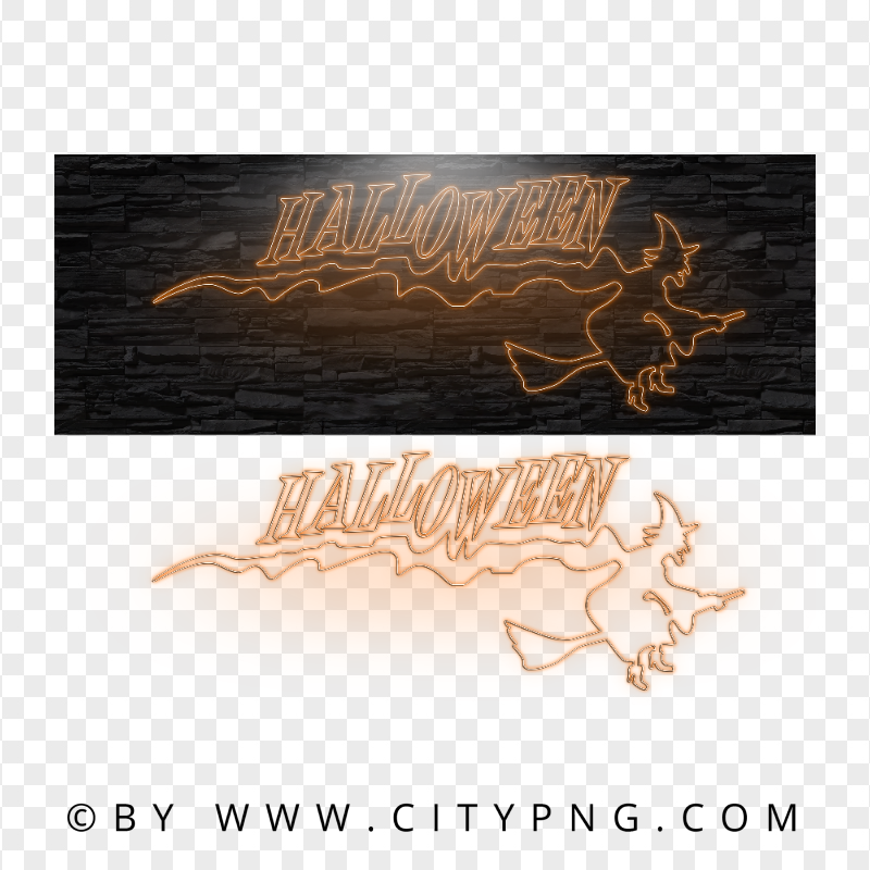 HD Neon Orange Halloween With Witch Flying On A Broom PNG