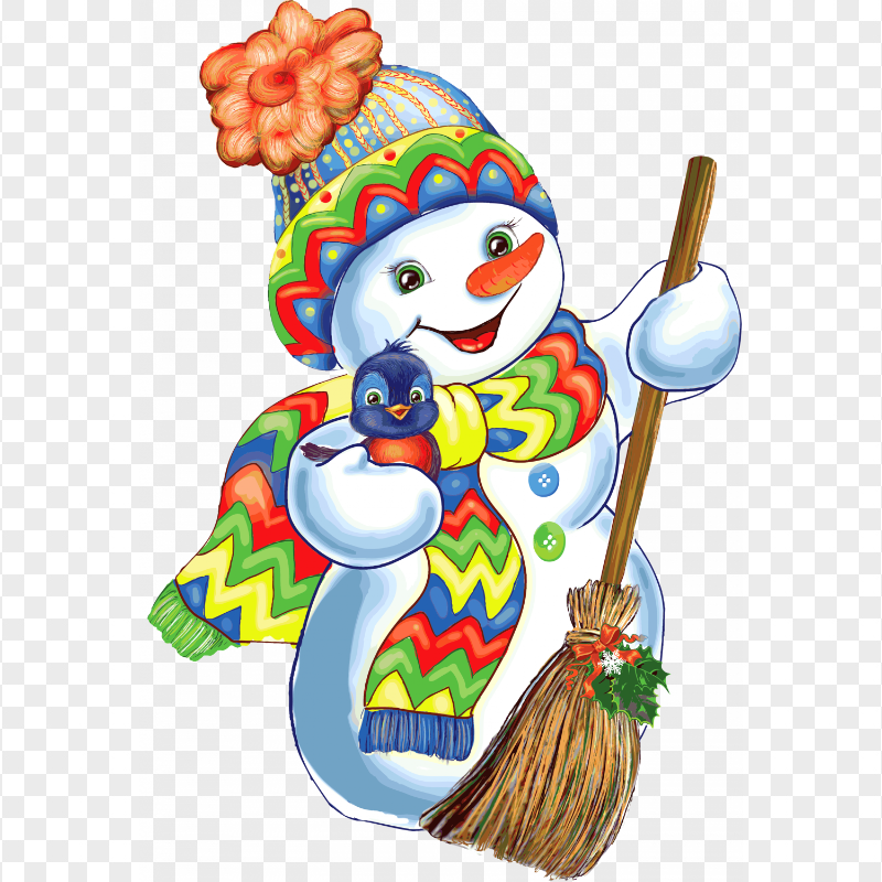 HD Painting Snowman With A Bird On Hand PNG