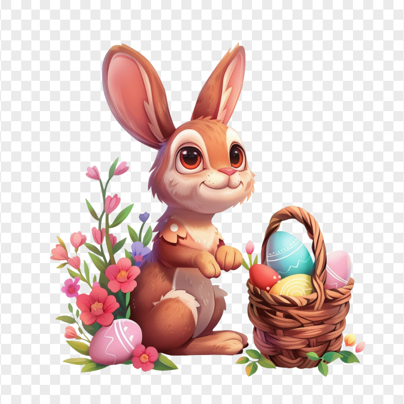 HD PNG Cartoon Bunny with Basket of Easter Eggs