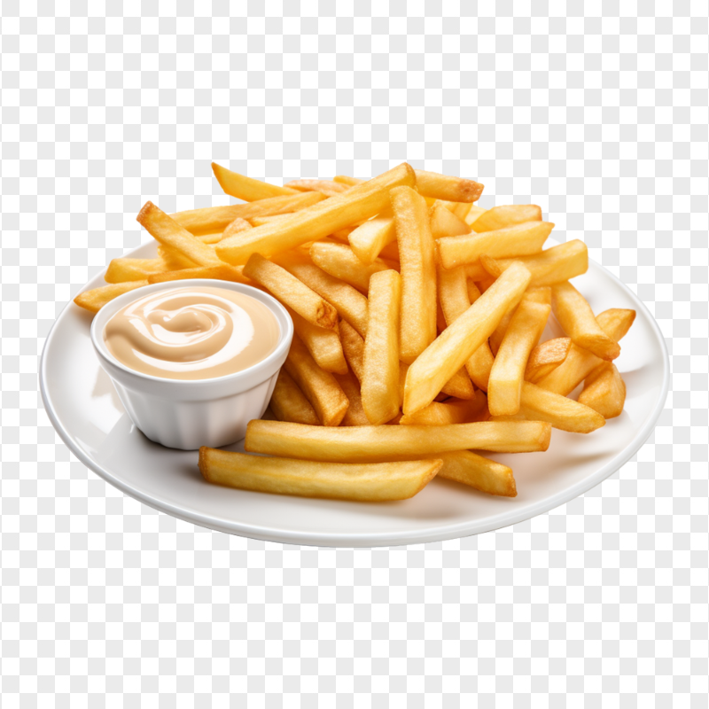 HD Potato Fries and Mayo Sauce on Plate Transparent PNG