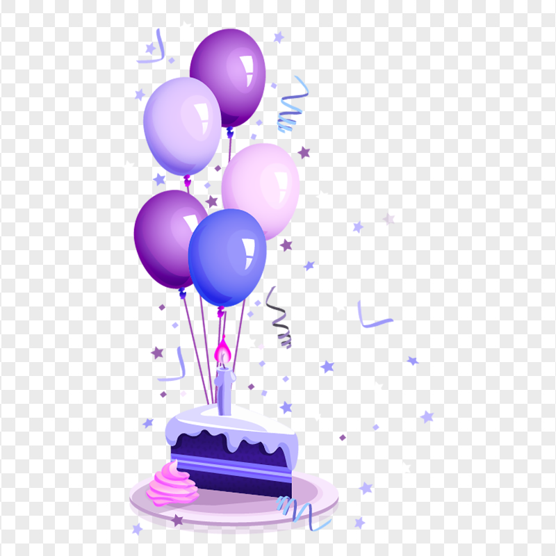 HD Purple Cute Birthday Cake Confetti And Balloons Illustration PNG