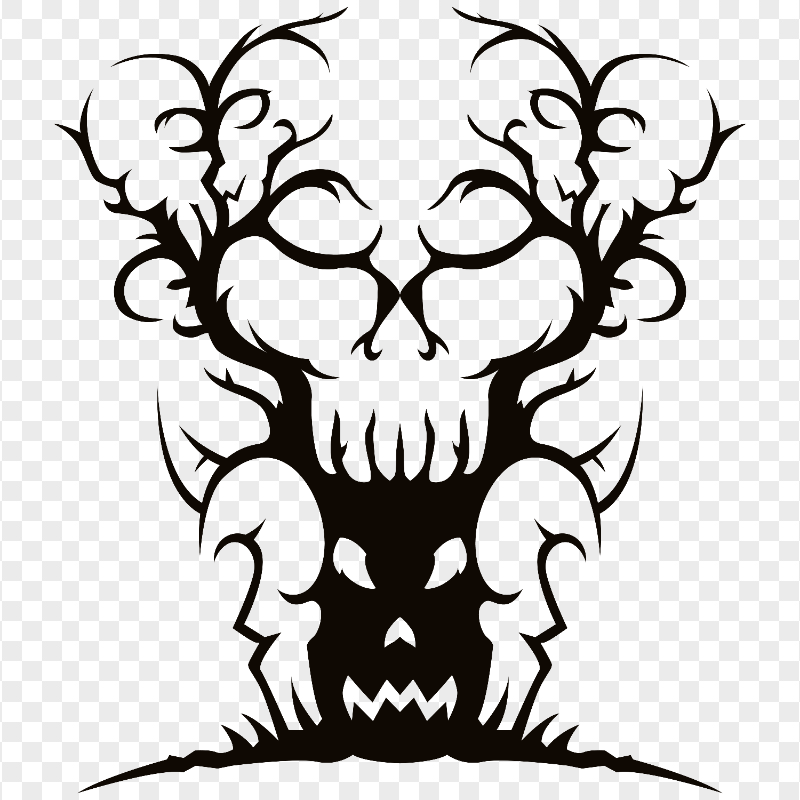 HD Scary Halloween Tree Branch Skull Face PNG