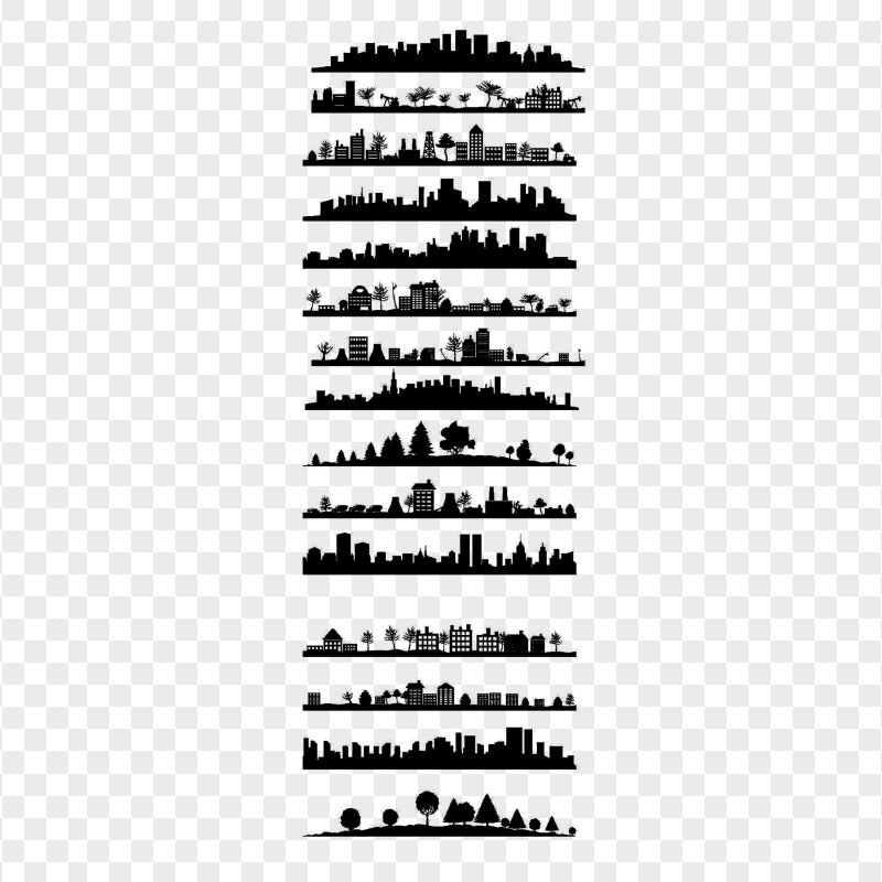 HD Set Of Skylines Cities Black Silhouette PNG