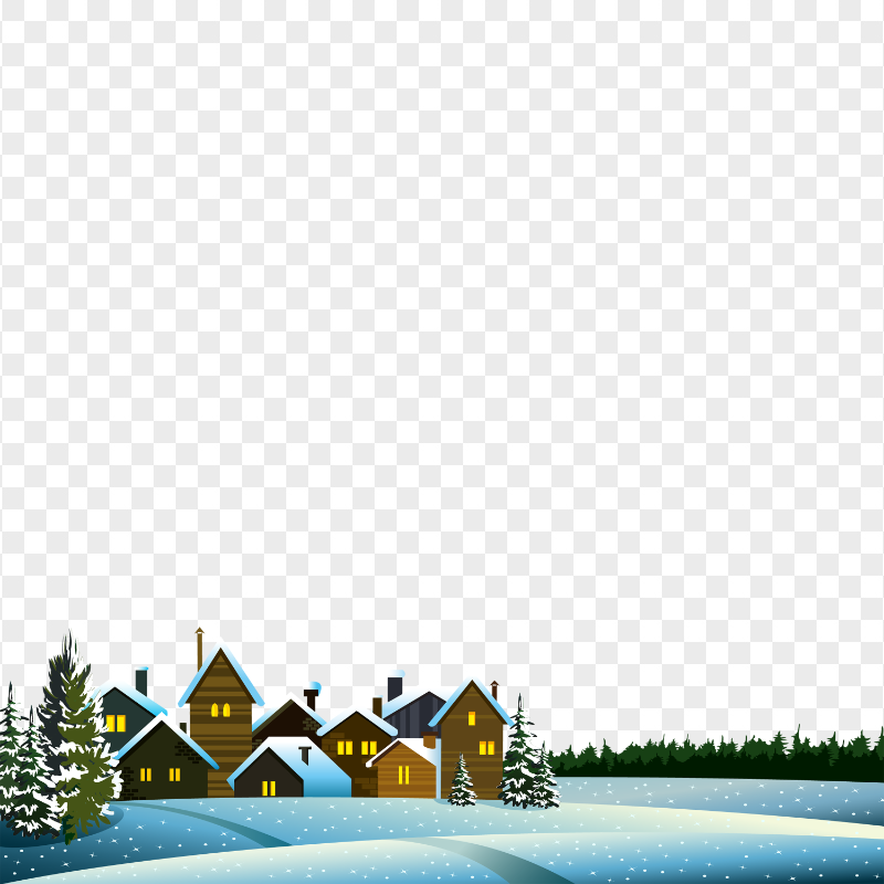HD Snowy Winter Night Cartoon Houses City PNG