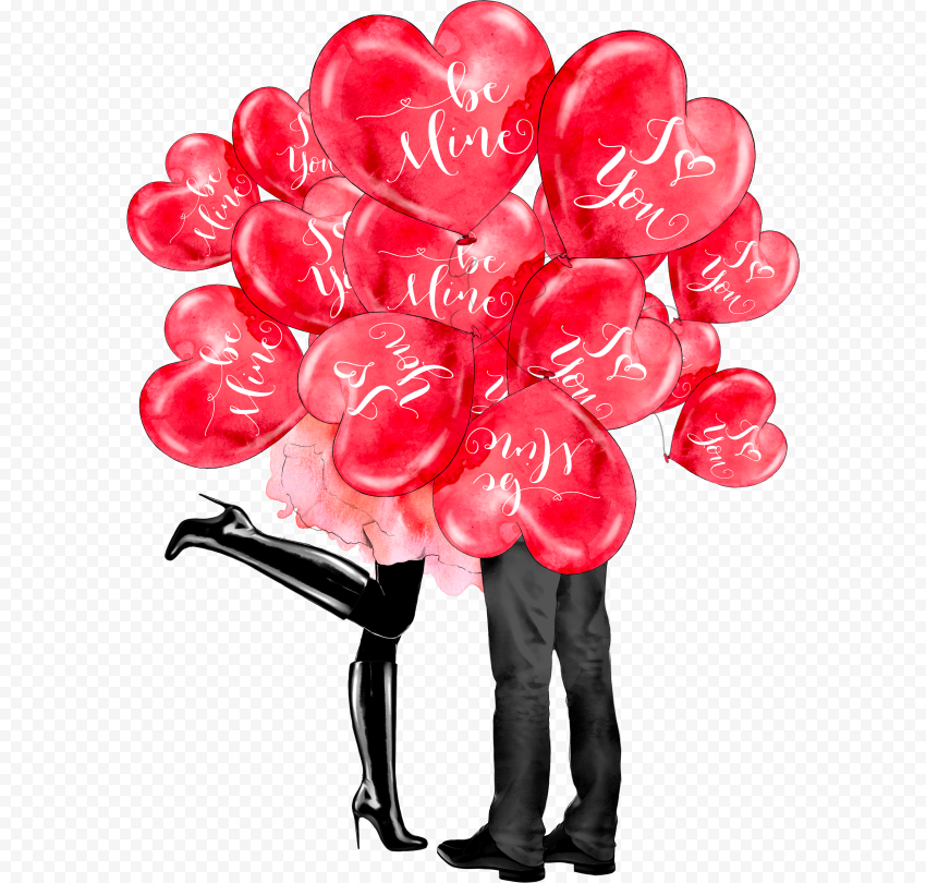 HD Watercolor Couple Behind Red Heart Balloons PNG