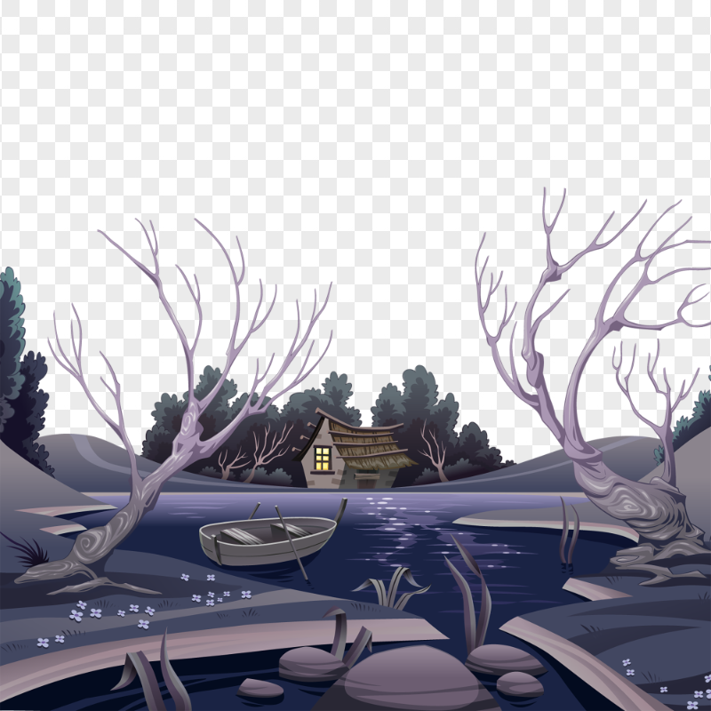 Horror Night Lake And Trees Illustration HD PNG