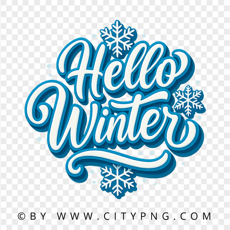 Bold Blue Hello Winter Typography with Icy Snowflakes