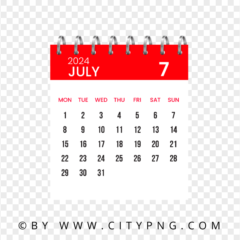 July 2024 Vector Calendar Page HD Transparent Background