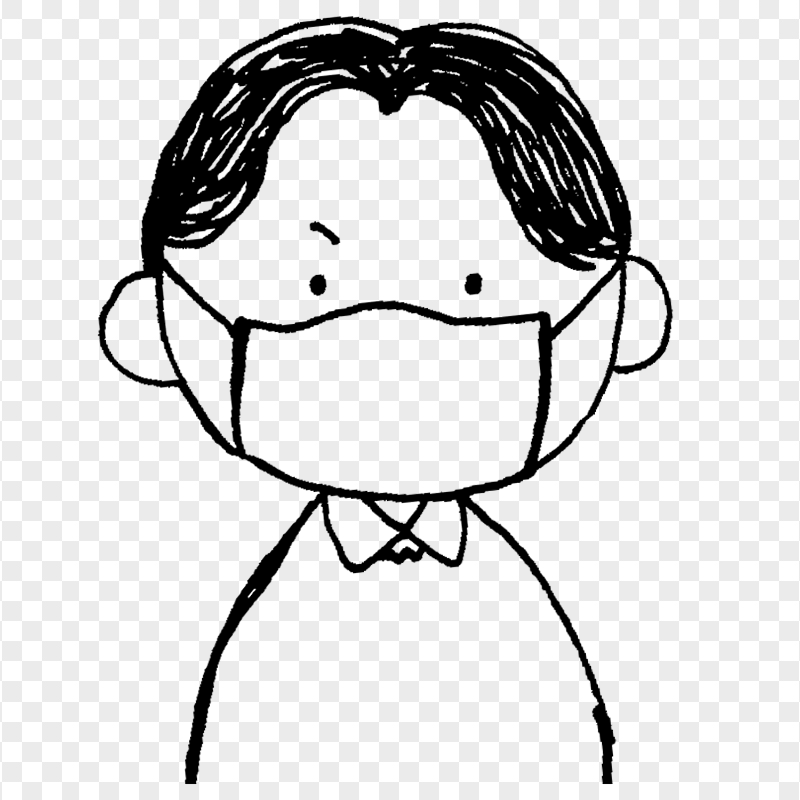 Kid Boy Wear Surgical Mask Outline Hand Drawing