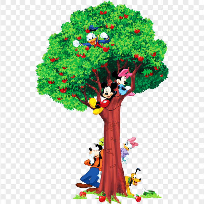 Mickey Mouse Characters With Tree Illustration PNG