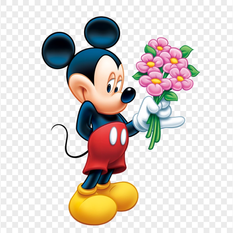 Mickey Mouse Holding Pink Flowers HD PNG
