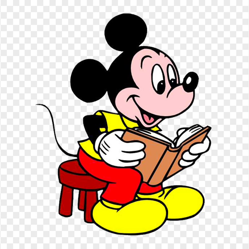 Mickey Mouse Sitting On Red Stool Reading Book PNG