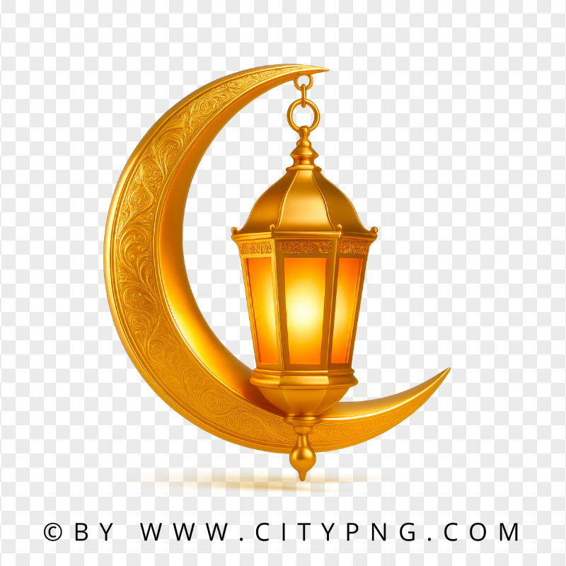 Golden Ramadan Crescent with Illuminated Traditional Lantern