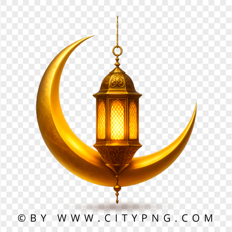 Gold Crescent Moon with Hanging Ramadan Lantern