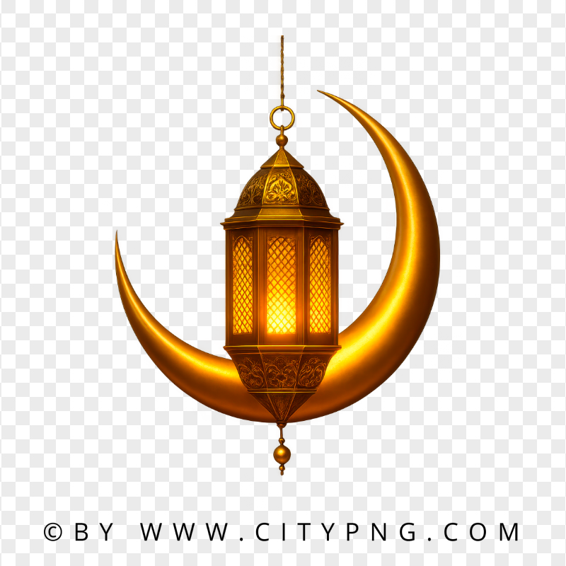 Golden Crescent Moon with Warm Ramadan Lantern