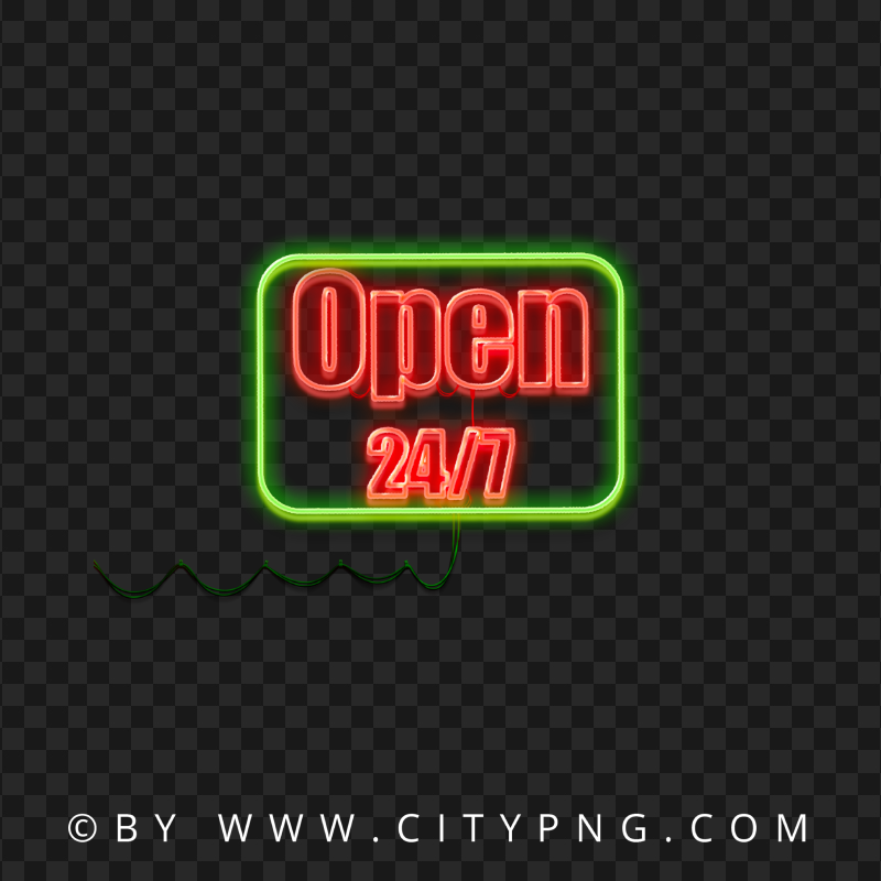 Open 24/7 Red & Green Neon Logo Sign Image PNG