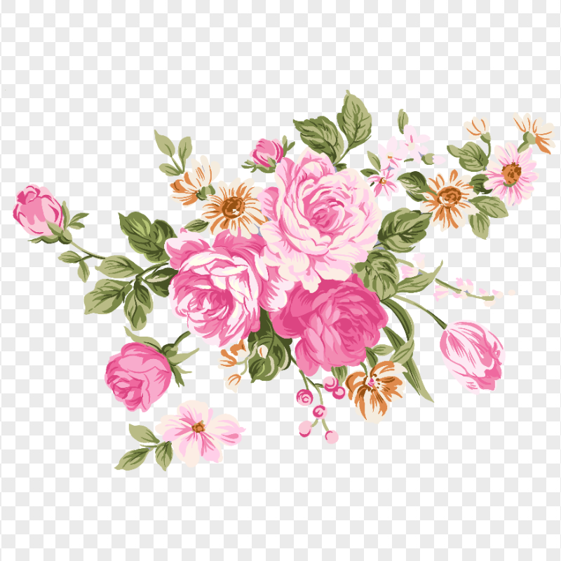 Pink Flowers Leaves Branch Illustration