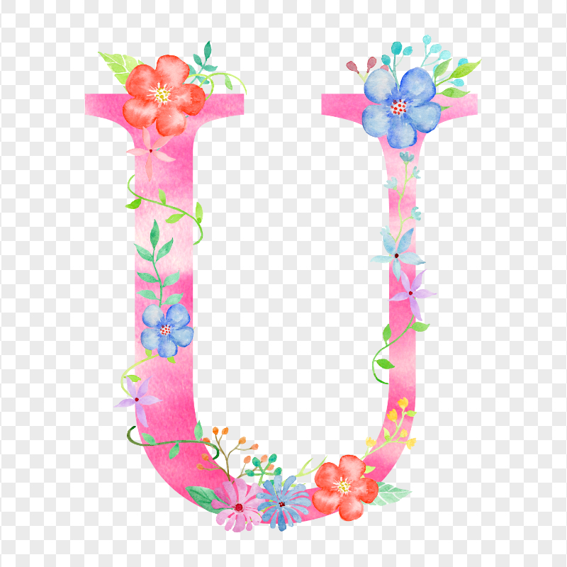 Pink Watercolor Floral U Letter PNG