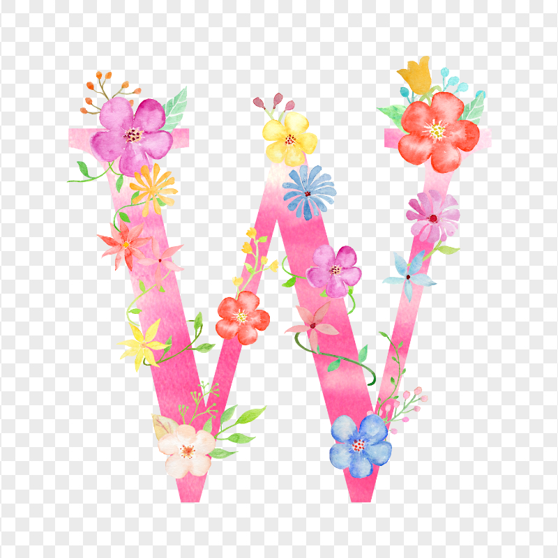 Pink Watercolor Floral W Letter HD PNG
